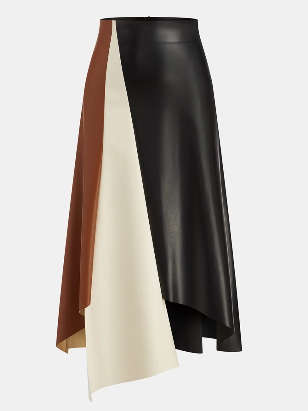 Commense Color block Faux Leather Midi Skirt in Black, Brown & Cream XL